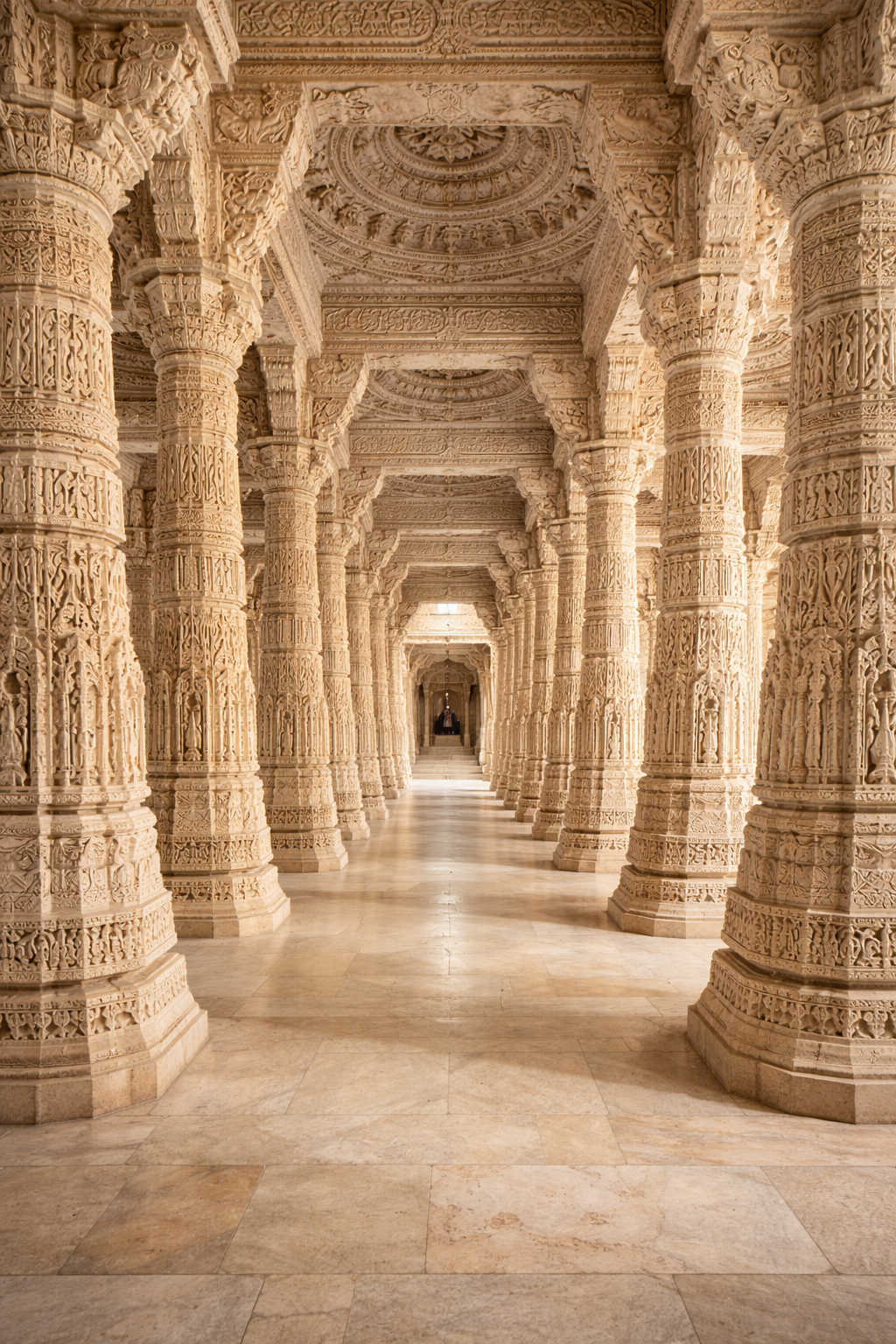 Ranakpur Jain temple famous 1444 marble pillars view down a corridor, each pillar uniquely carved, ornate pillars disappearing into perspective, white marble glowing with warm light -- HD architectural wallpaper